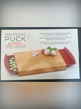 Wolfgang Puck Bamboo Prep Center Cutting Board w/ Storage Trays NIP